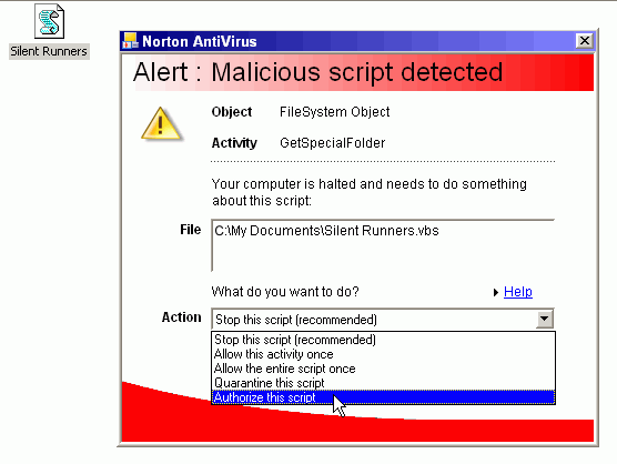 For "Norton AntiVirus", click on the elevator bar
and descend to "Authorize this script".